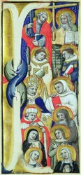 Een fries met medaillons die Christus, St. Petrus, St. Paulus en de discipelen, en de Maagd Maria tonen